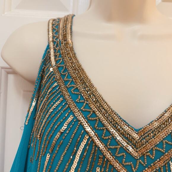 Cache NWT Aqua With Gold Beaded Sequin Chiffon Cocktail Dress Size 10 - Picture 7 of 15